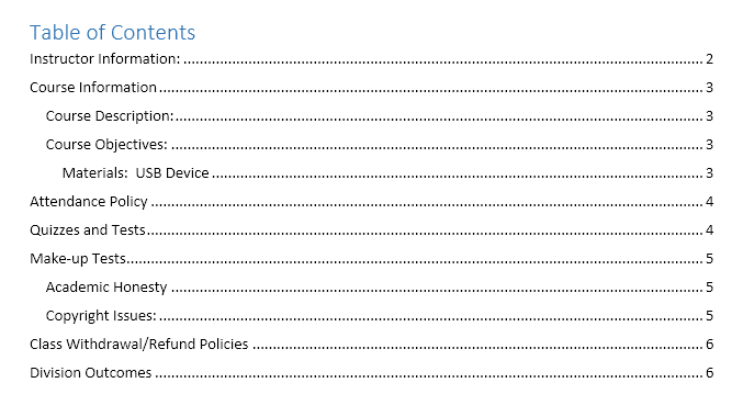 format table of contents word