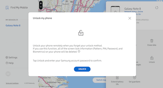 Unlock with Samsung ‘Find My
Mobile’ website image