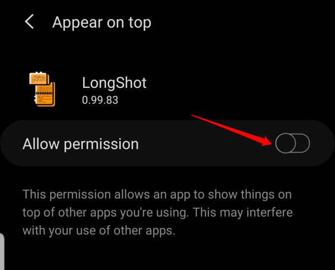 How To Capture a Scrolling Screenshot On Android - Allow The Appear On Top Permission In Settings