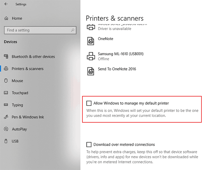 cannot change default printer in windows 10