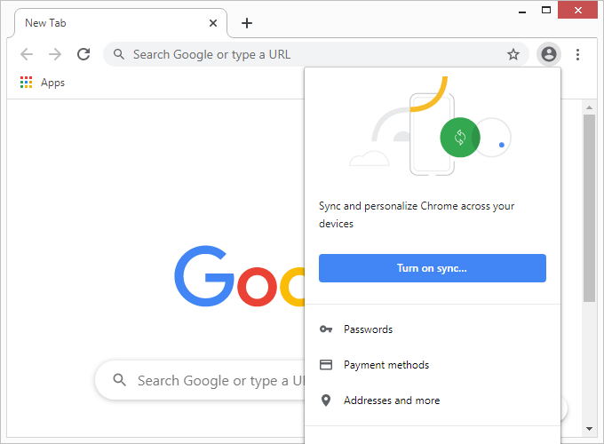 Where is turn on sync in Google?