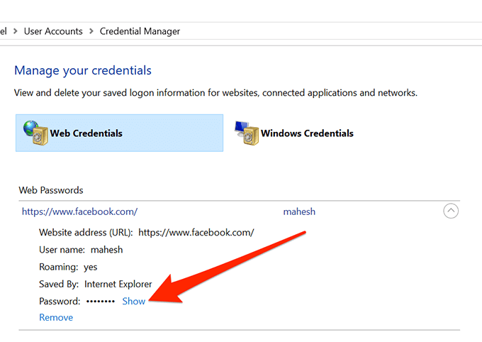 View Windows Saved Passwords Using The Credentials Manager image 5