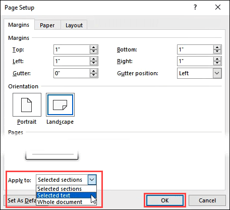 how to change margins on one page only word