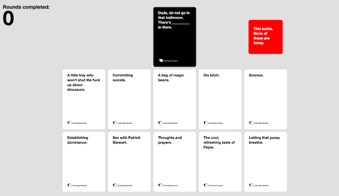 Cards Against Humanity Lab start of game and interface