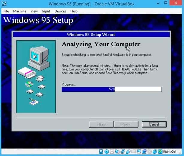 Using Windows 95 in a Virtual Machine image