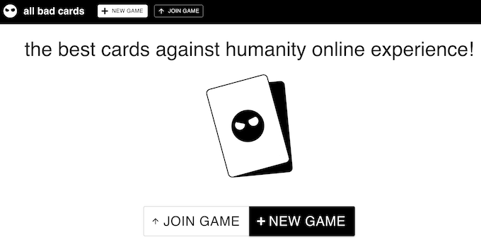 All Bad Cards main page to join a game or create a new game