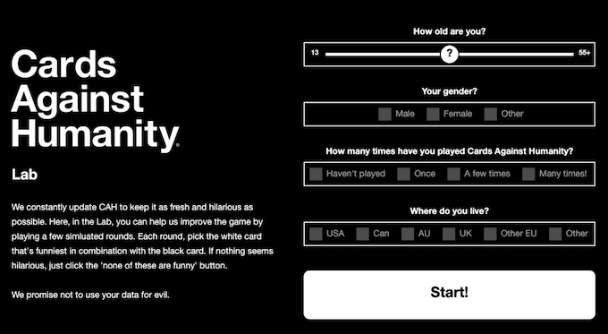 Cards Against Humanity Lab home page