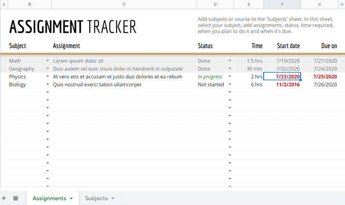 google sheets homework organizer