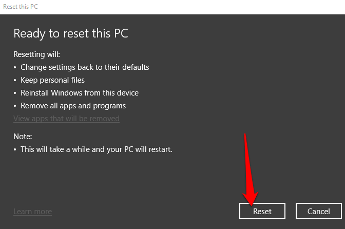 windows 10 reset pc