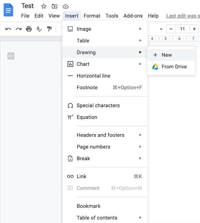 a drop down menu showing where to find the drawing tool in Google Docs