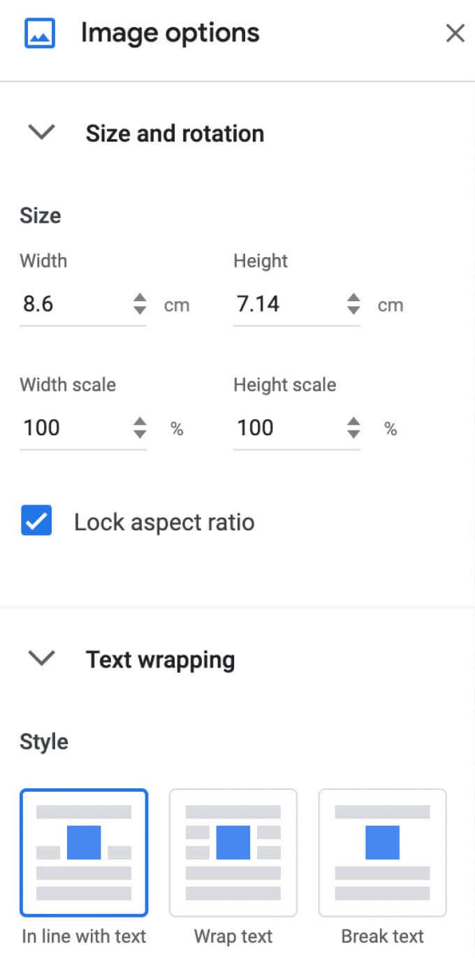 image options in Google docs showing how to change the size and rotation, text wrapping, and style