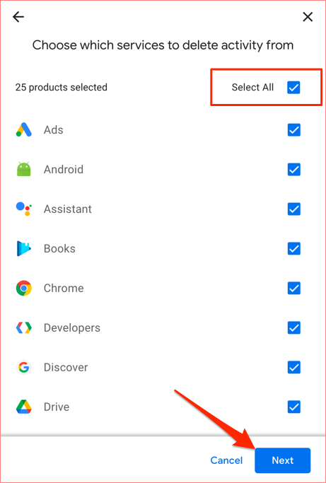 how to select all Google products