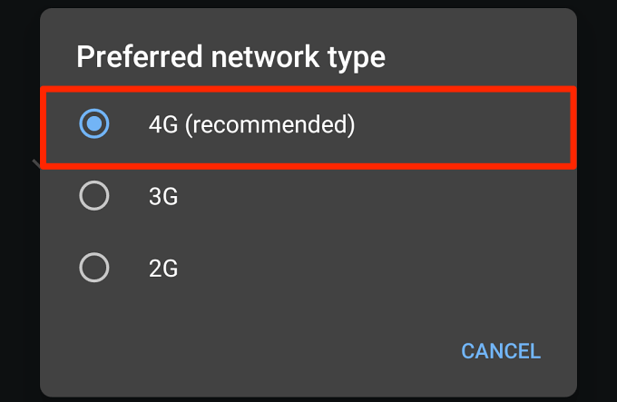 Check your preferred network type