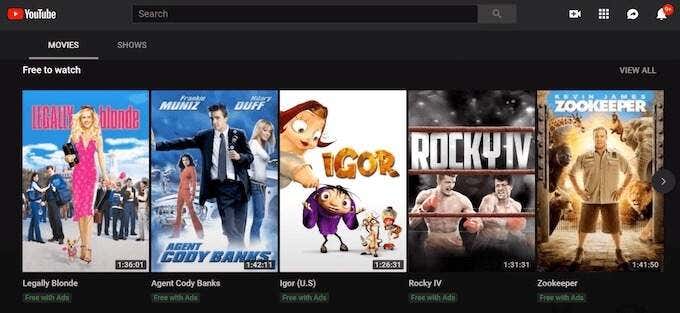 Screenshot of the YouTube Movies section