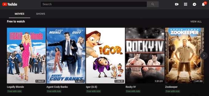 Screenshot of YouTube Movies section