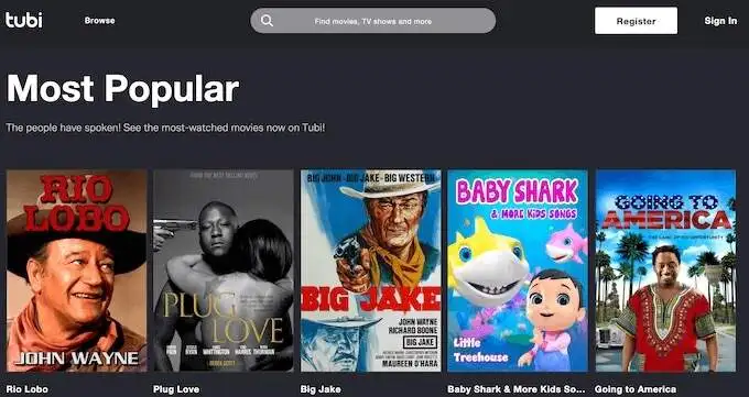 Screenshot of Tubi website