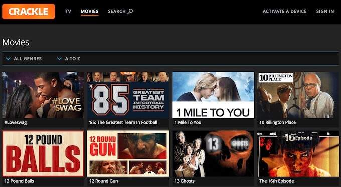 Screenshot of Crackle website