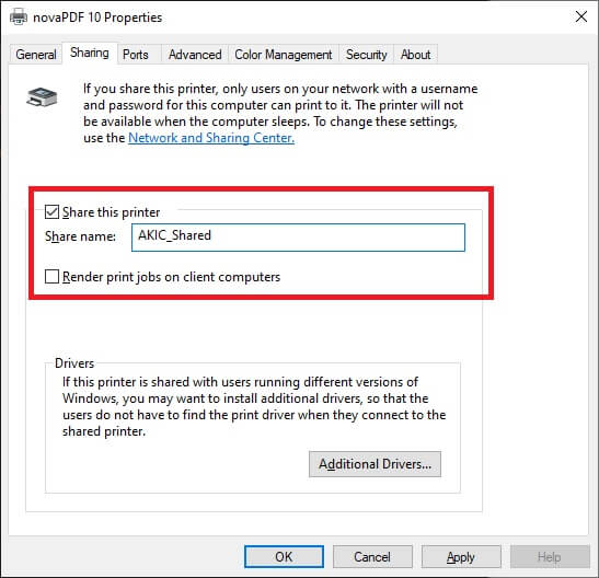 "Share this printer" highlighted in a printer properties window