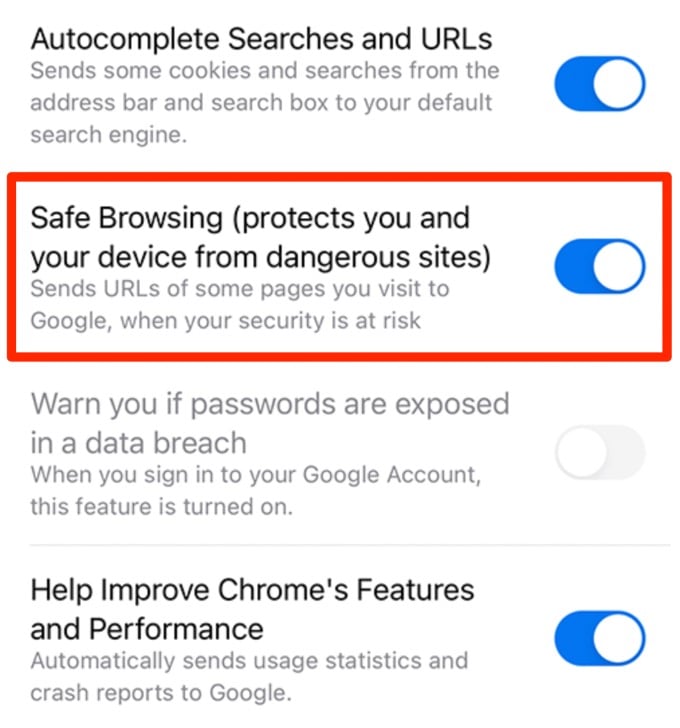 chrome safe browsing settings