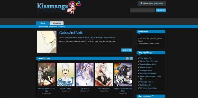 Screenshot of Kiss Manga website