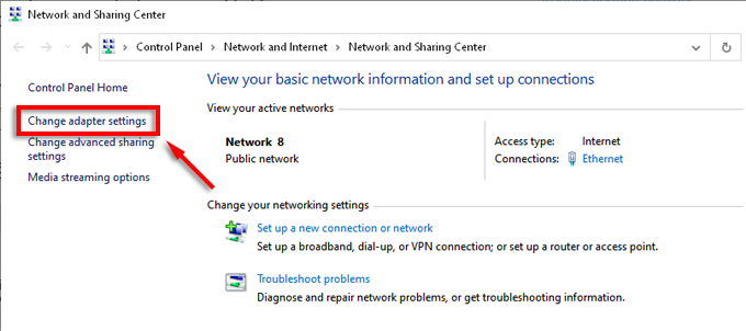 screenshot of network and sharing center