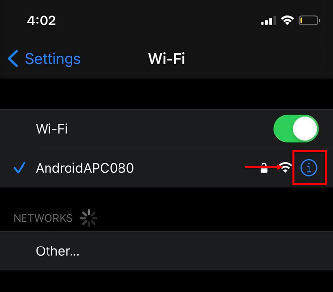 screenshot of wi-fi settings page