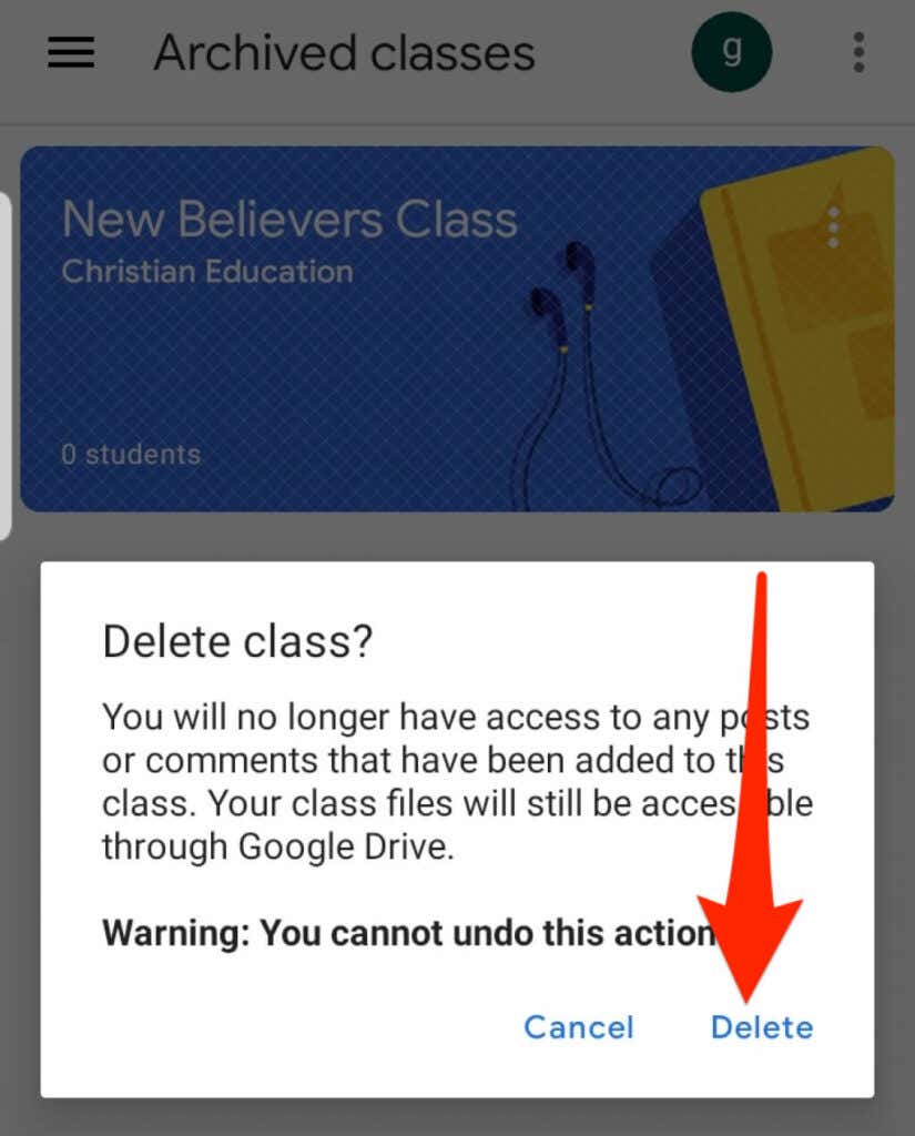 Screenshot of confirming deleting a Google Classroom