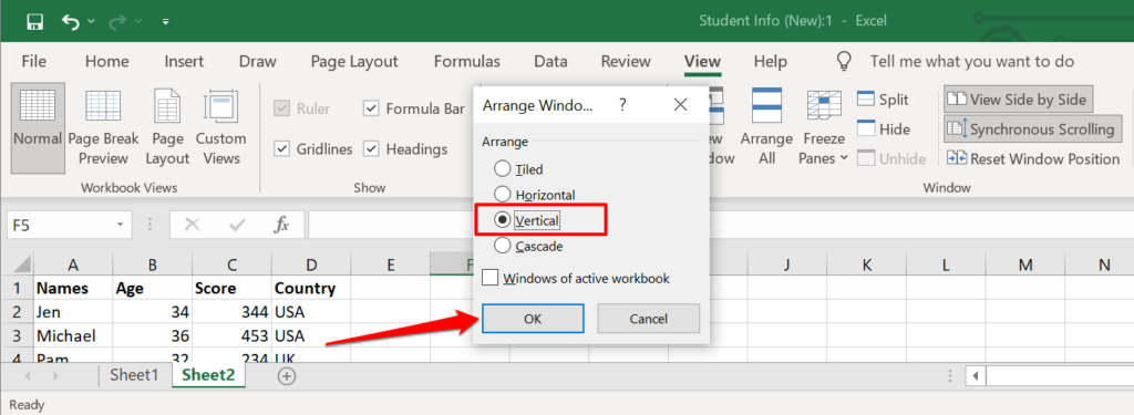 Arrange Windows vertically in Excel