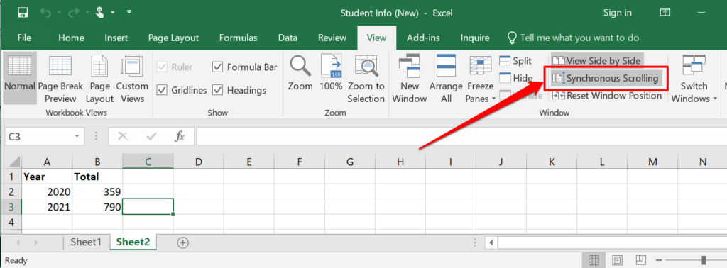 Synchronous scrolling in Excel