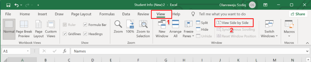 View Side by Side in Excel