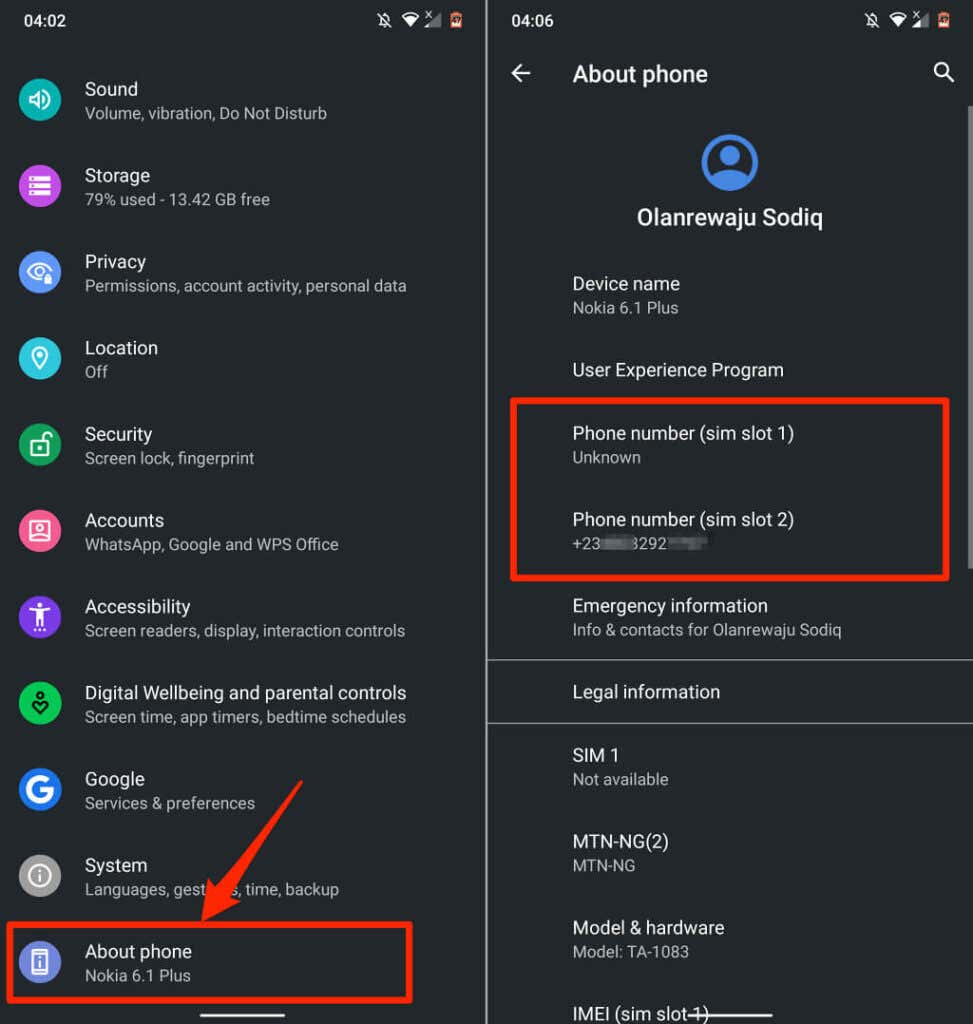 screenshot of finding mobile phone number in Android settings