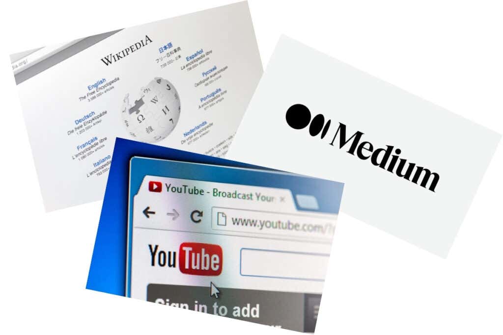 image of Wikipedia, Medium logo and Youtube