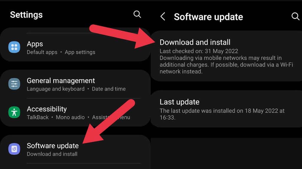 Steps to download and install software update on Samsung devices