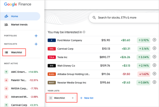 How to Set Up a Stocks Watchlist on Google Finance