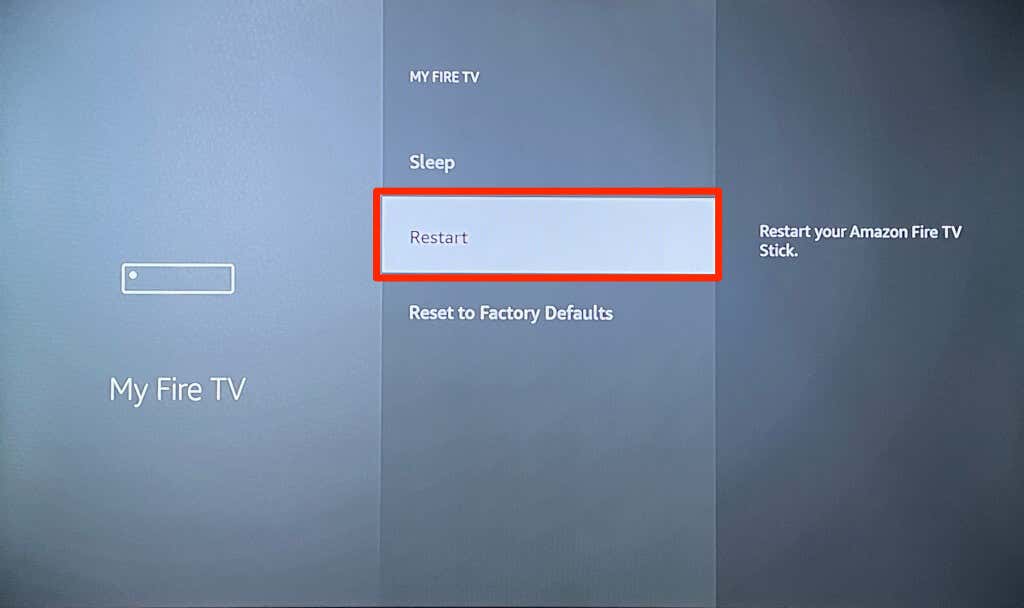 Selecting Restart in Fire TV stick settings