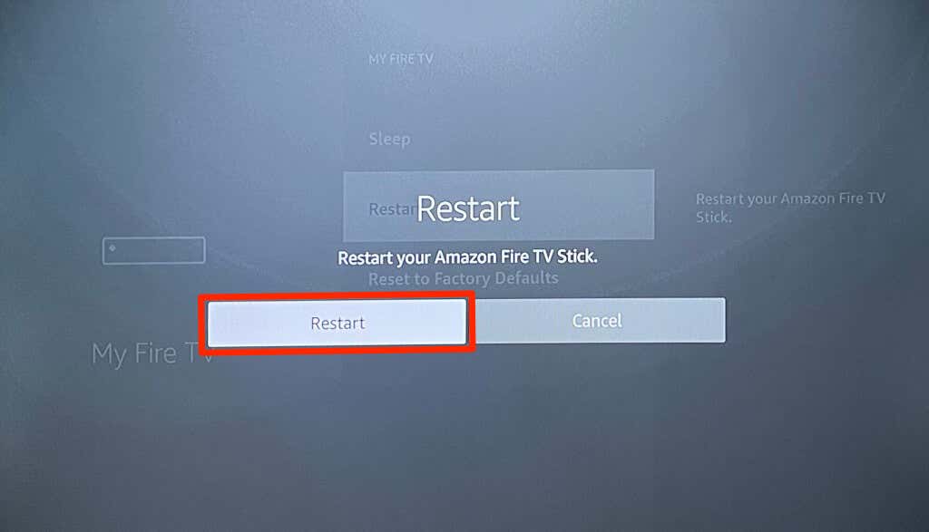 Selecting restart in Fire TV stick settings