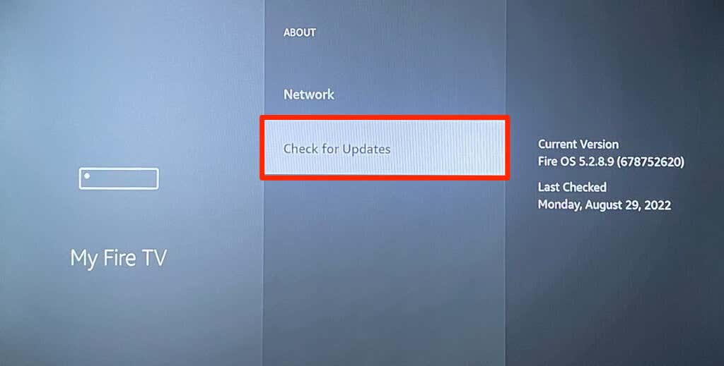 selecting Check for Updates in fire tv stick settings