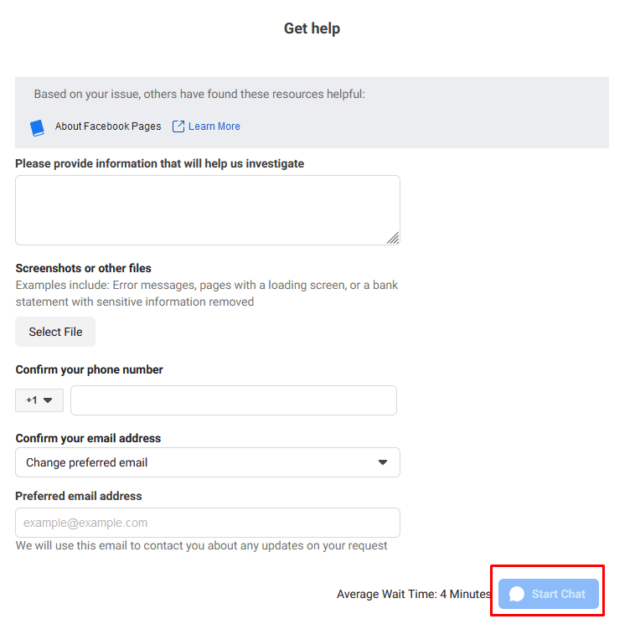 facebook support help email address