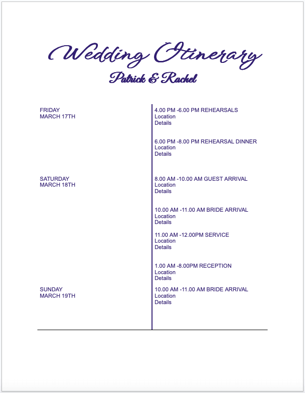 Wedding Itineraries image