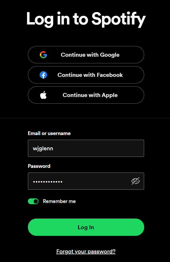 Entering login credentials in the Spotify Web Player
