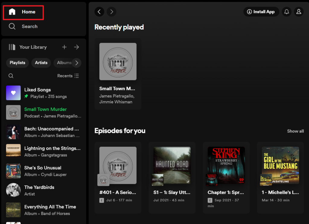 Spotify Web Player home page