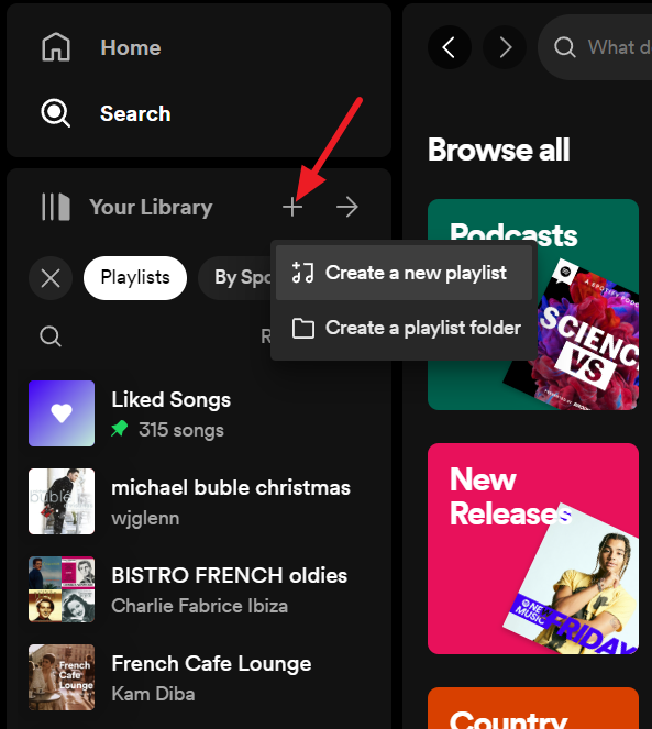 Creating a new playlist in the Spotify Web Player