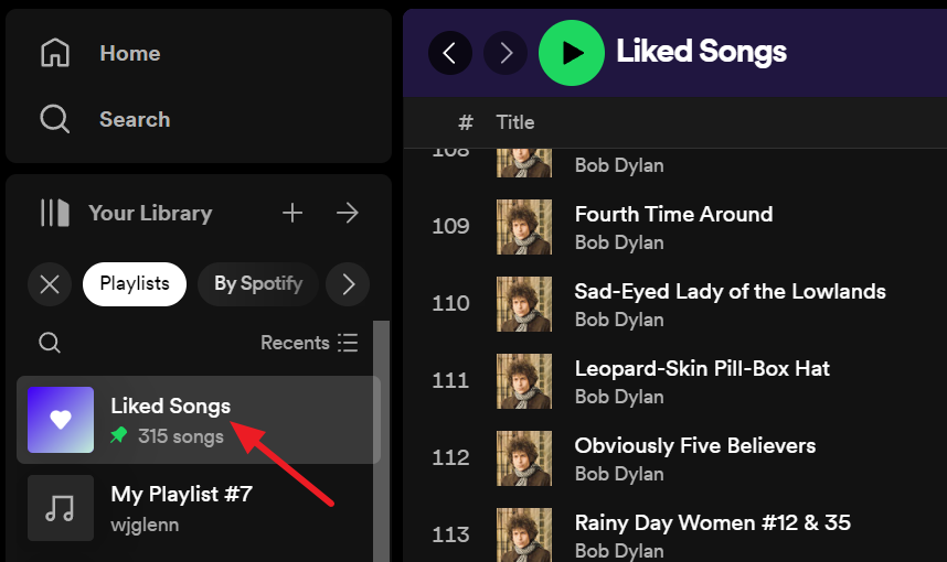 Viewing your liked songs in the Spotify Web Player