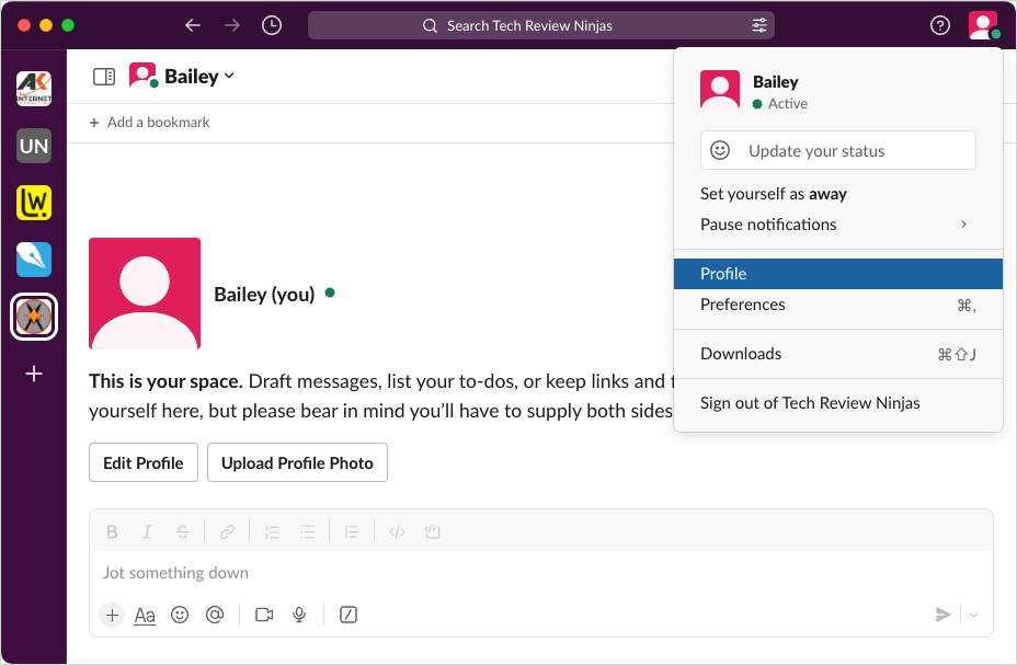 Selecting your profile in Slack