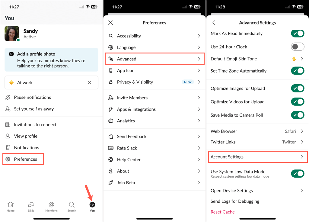 Viewing account settings in the Slack mobile app