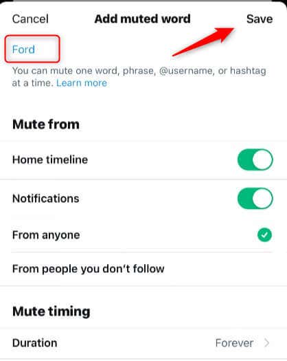 creating the muted word and setting options for it