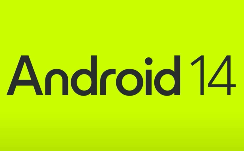"Android 14" text on a plain green background