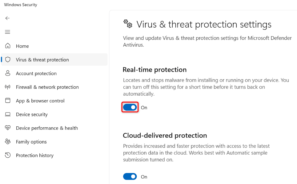 Turning off Real-Time protection in Windows
