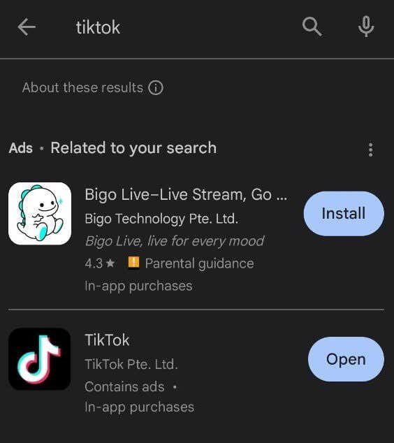 search for TikTok in search box