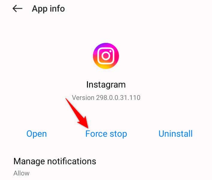 Force stop the instagram app on android